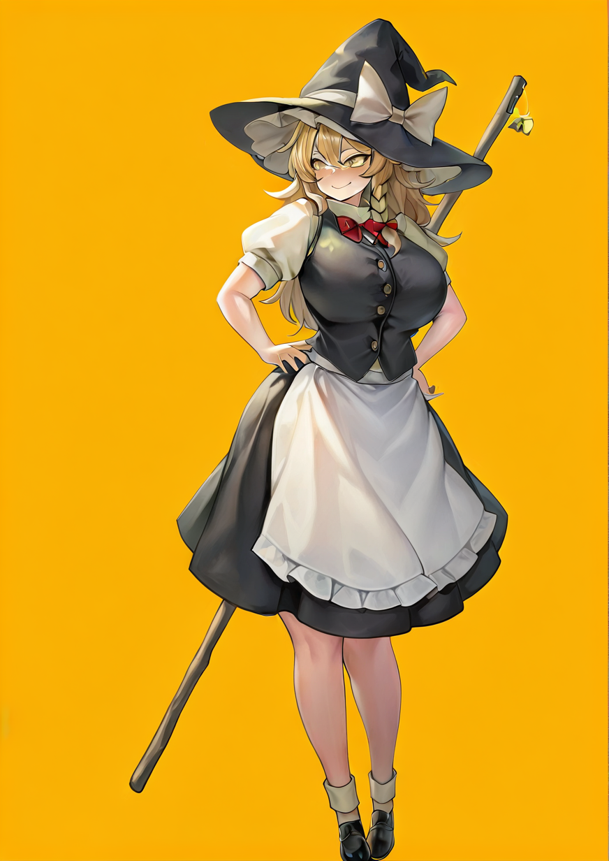 <lora:ren:1>,1girl, kirisame marisa, detailed background, huge breasts, wide hips, apron, black footwear, black headwear, black skirt, black vest, blonde hair, blush, bow, braid, breasts, broom, buttons, closed mouth, full body, hair between eyes, hair bow, hand on own hip, hat, hat bow, long hair, looking to the side, puffy short sleeves, puffy sleeves, red bow, shirt, shoes, short sleeves, single braid, skirt, smile, socks, solo, standing, vest, white apron, white bow, white shirt, white socks, witch hat, yellow eyes, 
very awa, masterpiece, best quality, highres, absurdes,amazing quality