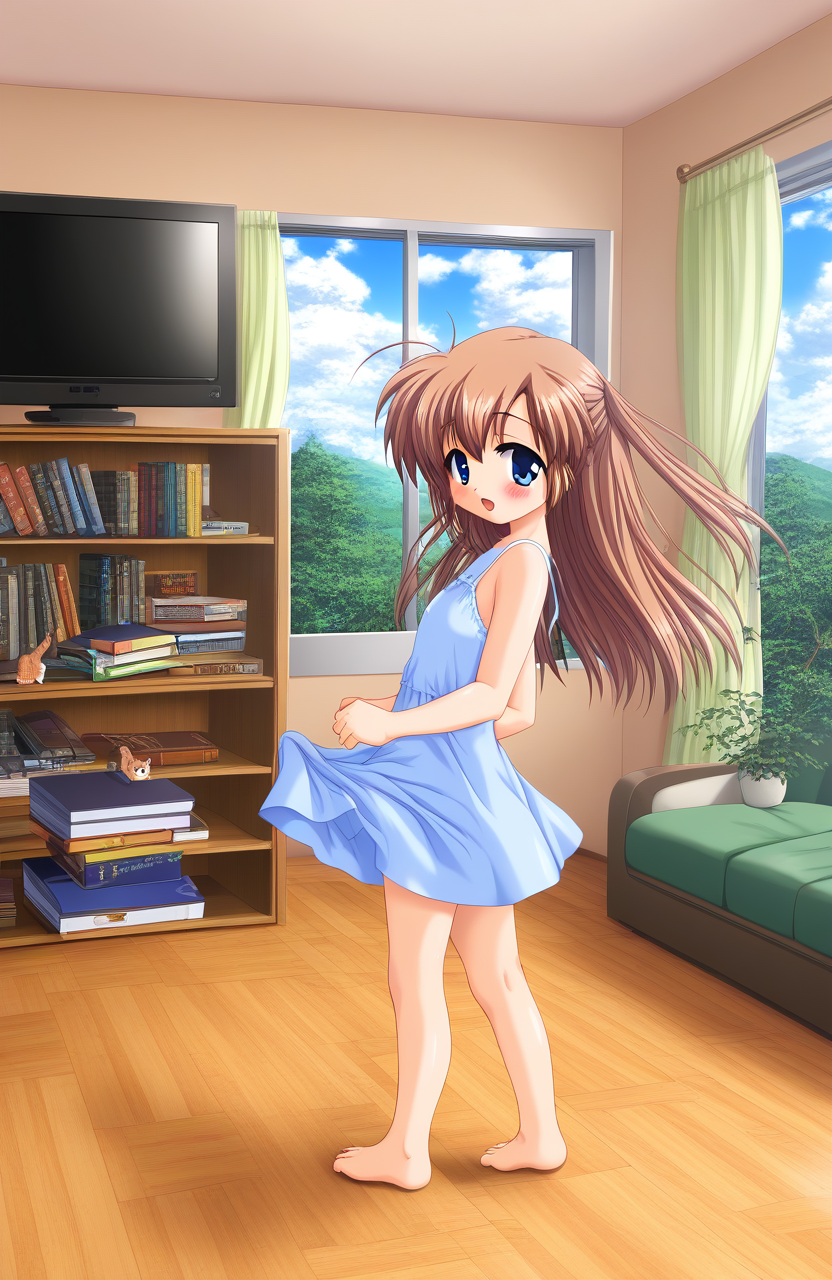 masterpiece, best quality, good quality, newest, <lora:Mizuki_Shiori_XL:1>Mizuki_Shiori, blue eyes, flat chest, brown hair, short stack, 
 1girl, solo, long hair, light blue dress, blush, open mouth,  clothes lift,   sundress, looking at viewer, sleeveless,
cowboy_Shot,
window, scenery, chair, tree, wooden floor, book, curtains, television, table, couch, bag, indoors, shelf, bookshelf, plant, sky, day, door, bed, cloud, lamp, box, cat, desk