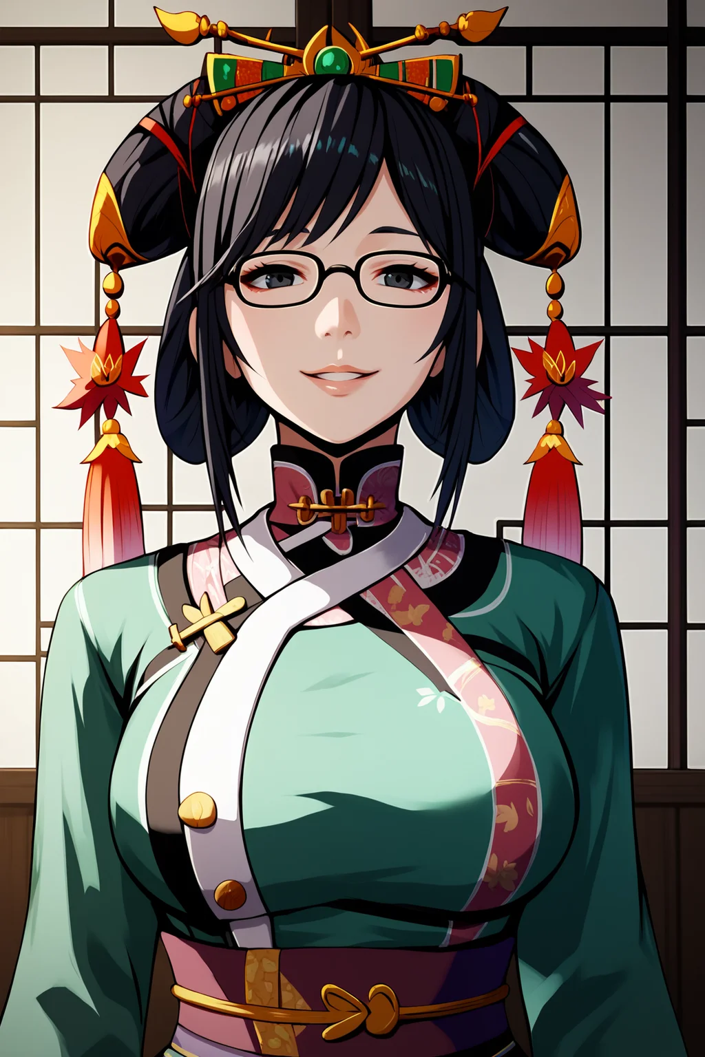 score_9, score_8_up, score_7_up, score_6_up, score_5_up, score_4_up, source_cartoon, WuRuixiangSSXL, glasses, black eyes, black hair, short hair, sidelocks, bangs, hair ornament, hair rings, hair stick, large breasts, chinese clothes, green dress, long sleeves, sash, solo, front view, (portrait, upper body), solo focus, seductive smile, looking at viewer, indoors <lora:WuRuixiangSSXL:0.9>