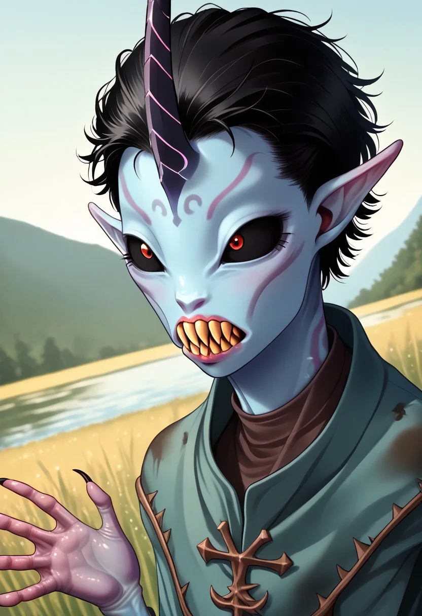 ((Alien humanoid)),
((Alien species)), solo, androgynous, aquatic features
blue skin, ((webbed hands)):1.3,
((No nose)):1.3, ((nostrils only, nostril slits, vertical nasal slits, narrow nostrils)):1.5, ((narrow eyes)), ((black sclera, black irises)), smooth skin, pointy ears, small ears, tiny ears, holes in skin, forehead horn, short horn, veiny horn, ((single horn)):1.0, ((4 fingers)), fingernails, thin lips, ((black hair)), ((short hair, spiky hair)), sharp teeth, digitigrade legs, bent legs,
mid-range shot, upper body focus
ragged clothes, muddy clothes, loincloth, tunic, dirty
Medieval style, fantasy style,
((Variety)):1.2
((dutch angle, 3/4 view))
river background
fully clothed, loose clothing, clean lines, smooth colors, detailed fingers, sfw, source: realistic, rating: pg, score: 8 up, score: 9