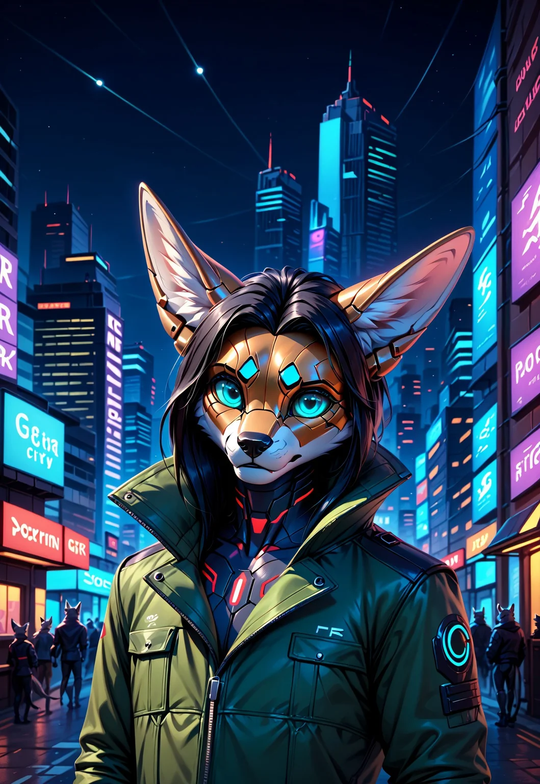 score_9, score_8_up, score_7_up, score_6_up, photorealistic, epiCPhotoGasm-colorfulPhoto, Realistic, highres, super high resolution, 8k, photo, furry, Furry, anthro, fur, male, fennec, brown fur, implanted eyes, robot face, robot face, he has silver plate on the head, implanted forehead, blue glowing eyes, metal head, silver forehead, metal eyes, sad, long black hair gathered in a long ponytail, black hair, metallic head, metal face, he has implanted face, close-up, long dark green thick coat, green coat, black leather shirt, black tight pants, long black hair, implants, implant eye, robot, furry, cyberpunk, night, cyber city, cyberpunk city, metallic eyes, metallic fur, robot, thin body, night, city, cyberpunk city, cyberpunk, realistic, detailed, detailed fur,