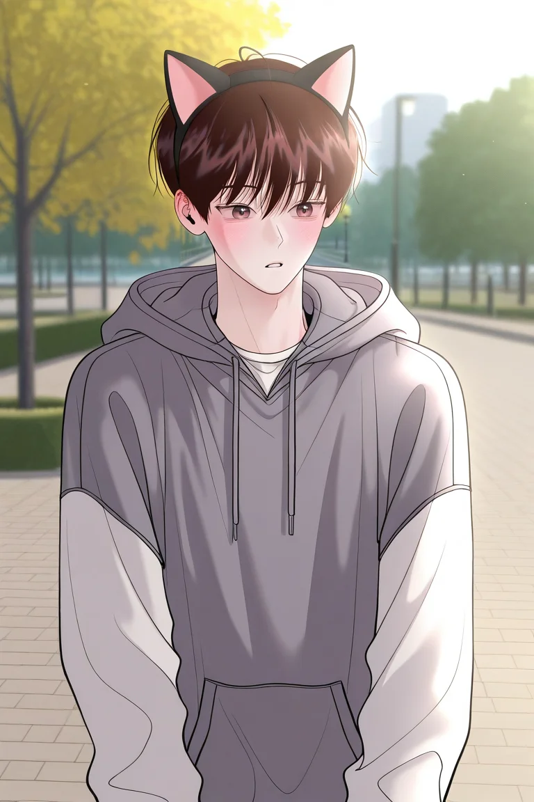 masterpiece, best quality, amazing quality, very aesthetic, high resolution, ultra-detailed, absurdres, newest, scenery, volumetric lighting, depth of field,anime screencap, , , 1boy, solo, male focus,<lora:yoil:0.98>,won yo il,dark brown hair,brown eyes,short hair,blush, shirt, long sleeves, animal ears,upper body,white shirt, parted lips, outdoors, hood, cat ears, fake animal ears, hoodie, hood down, grey hoodie, animal ear hairband, park,day