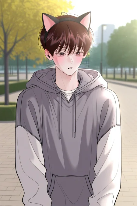 masterpiece, best quality, amazing quality, very aesthetic, high resolution, ultra-detailed, absurdres, newest, scenery, volumetric lighting, depth of field,anime screencap, , , 1boy, solo, male focus,<lora:yoil:0.98>,won yo il,dark brown hair,brown eyes,short hair,blush, shirt, long sleeves, animal ears,upper body,white shirt, parted lips, outdoors, hood, cat ears, fake animal ears, hoodie, hood down, grey hoodie, animal ear hairband, park,day