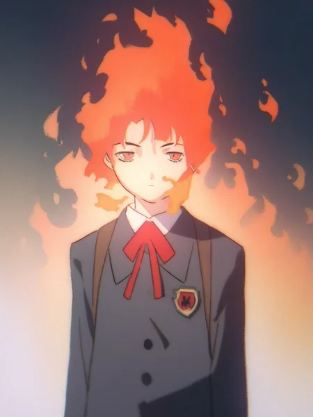 score_9, score_8_up, score_7_up, source_anime, rating_safe, uncensored, <lora:Lain_PonyXLv3:1> 1girl, Lain, solo, school uniform, ((in fire, fire:1.3, fire in background)), expressionless,