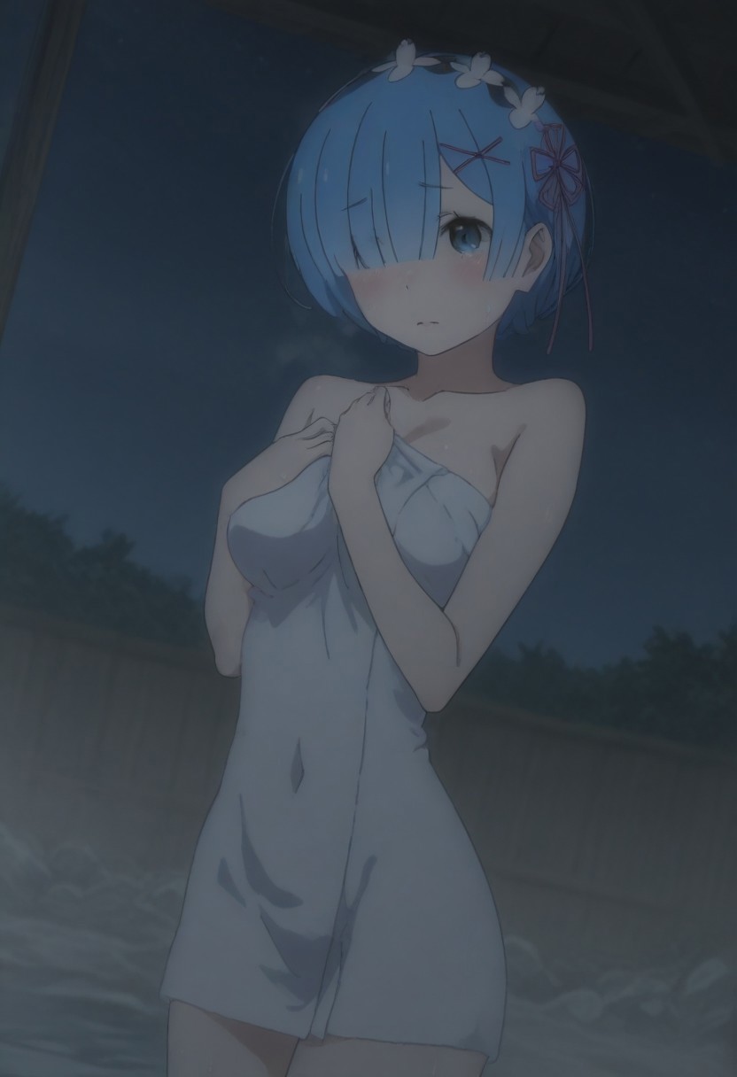 Rem_(Re:Zero) blue_eyes, blue_hair, short_hair, blunt_bangs, hair_over_one_eye, medium_breasts, x_hair_ornament, hair_flower, BREAK onsen, blush,night ,wet towel, sweaty body, steam, dynamic angle,masterpiece,best quality,amazing quality,very aesthetic,absurdres,newest,r3z3r0_styl3