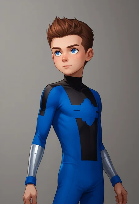 score_9, score_8_up, score_7_up, highly detailed, cute boy, 1boy, solo, young, Jack Power, Blue Eyes, Brown Hair, Freckles, Mass Master, Blue and Black Bodysuit