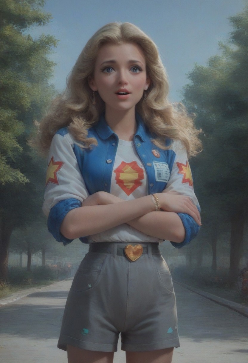 score_9, score_8_up, score_7_up, a girl with blonde curly hair, 1girl, standing, crossed arms, 80s style arcade, video games, excited look, self assured, looking at viewer, colorful bomber jacket, grey shorts, shy look, parted lips, masterpiece, slim figure, petite, pale skin, outdoors, standing in the middle of a busy street, downtown nyc, blue sky, trees, side lighting, warm lights, by loish