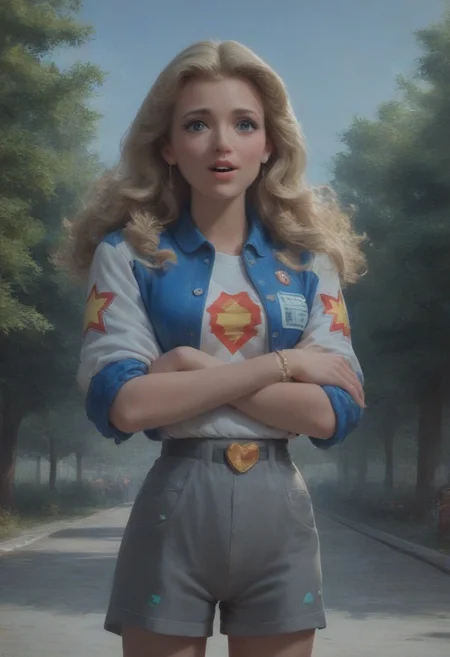 score_9, score_8_up, score_7_up, a girl with blonde curly hair, 1girl, standing, crossed arms, 80s style arcade, video games, excited look, self assured, looking at viewer, colorful bomber jacket, grey shorts, shy look, parted lips, masterpiece, slim figure, petite, pale skin, outdoors, standing in the middle of a busy street, downtown nyc, blue sky, trees, side lighting, warm lights, by loish