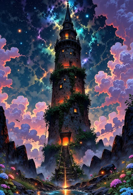 The Eternal Bloom Spire 🏰🌸
A floating tower entwined with celestial vines covered in flowers that change color with time. A bridge of soft golden mist leads to its entrance, where an enchanted staircase spirals into the stars.