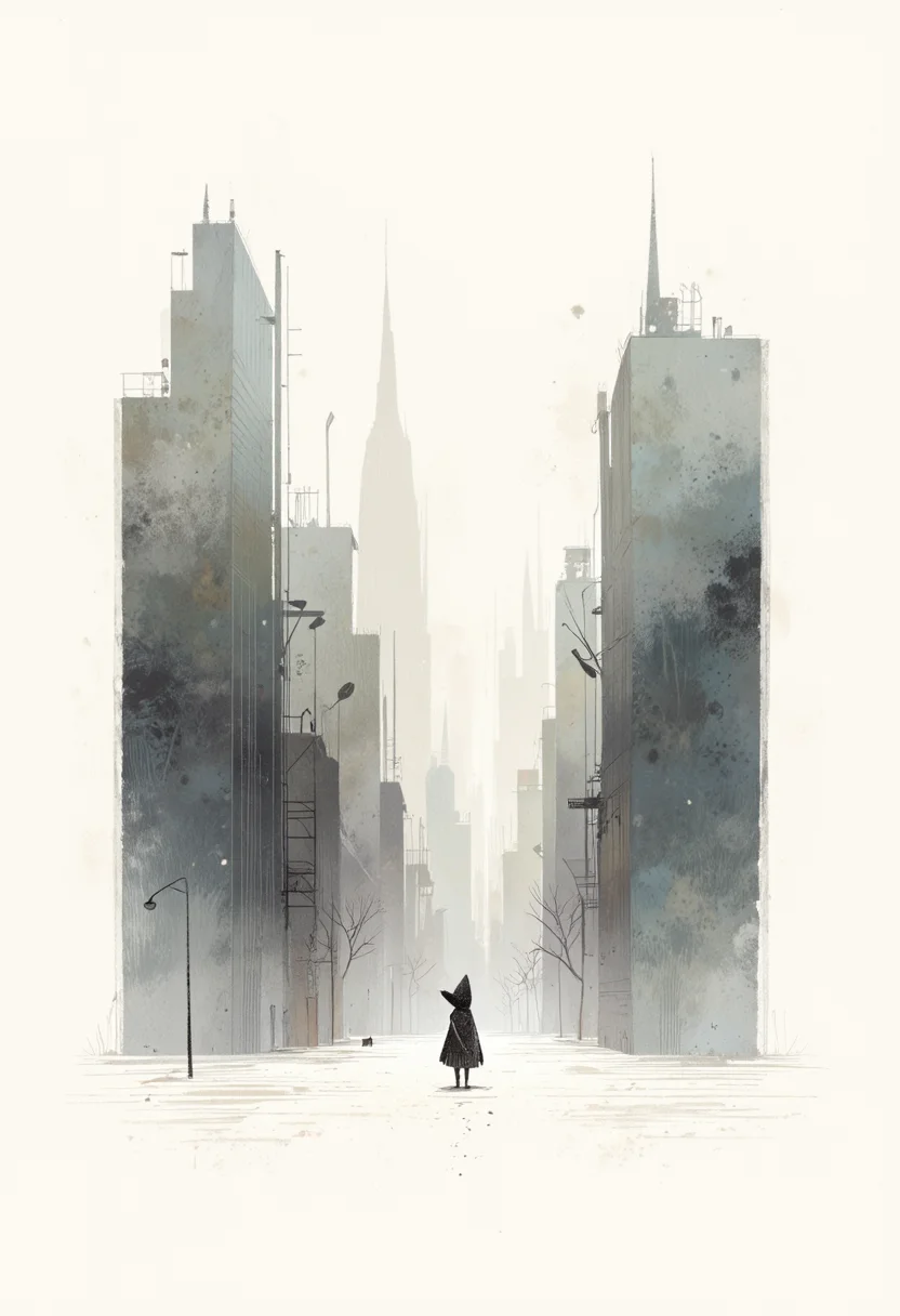 Embrace the elegance of minimalist expression as we explore an urban landscape existing within a monochromatic pocket watch. A mysterious city is brought to life by gentle brushstrokes, exuding a refined simplicity while hinting at a complex machinery beneath its surface. Within this understated realm, an enigmatic figure moves through streets lined with minimal geometric forms that represent towering skyscrapers. The composition exudes harmony and clarity, allowing the viewer to focus on essential elements. The shadows play with precision in this sparse yet profound environment, conveying depth without unnecessary detail. Neutral hues blend harmoniously together, creating an abstract canvas that entices the mind while remaining grounded in its minimalist roots. Experience the beauty of reductionism as we contemplate this masterful minimalist artwork. ,<lora:flux/fav/pp-storybook_rank2_bf16.safetensors:1.0:1.0>