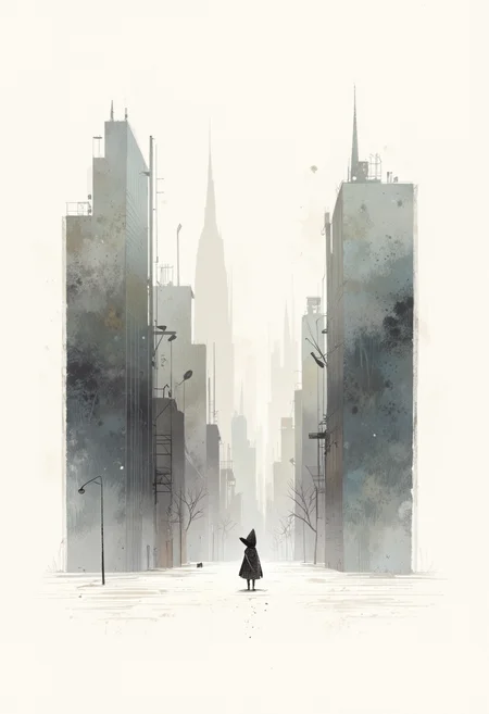 Embrace the elegance of minimalist expression as we explore an urban landscape existing within a monochromatic pocket watch. A mysterious city is brought to life by gentle brushstrokes, exuding a refined simplicity while hinting at a complex machinery beneath its surface. Within this understated realm, an enigmatic figure moves through streets lined with minimal geometric forms that represent towering skyscrapers. The composition exudes harmony and clarity, allowing the viewer to focus on essential elements. The shadows play with precision in this sparse yet profound environment, conveying depth without unnecessary detail. Neutral hues blend harmoniously together, creating an abstract canvas that entices the mind while remaining grounded in its minimalist roots. Experience the beauty of reductionism as we contemplate this masterful minimalist artwork. ,<lora:flux/fav/pp-storybook_rank2_bf16.safetensors:1.0:1.0>