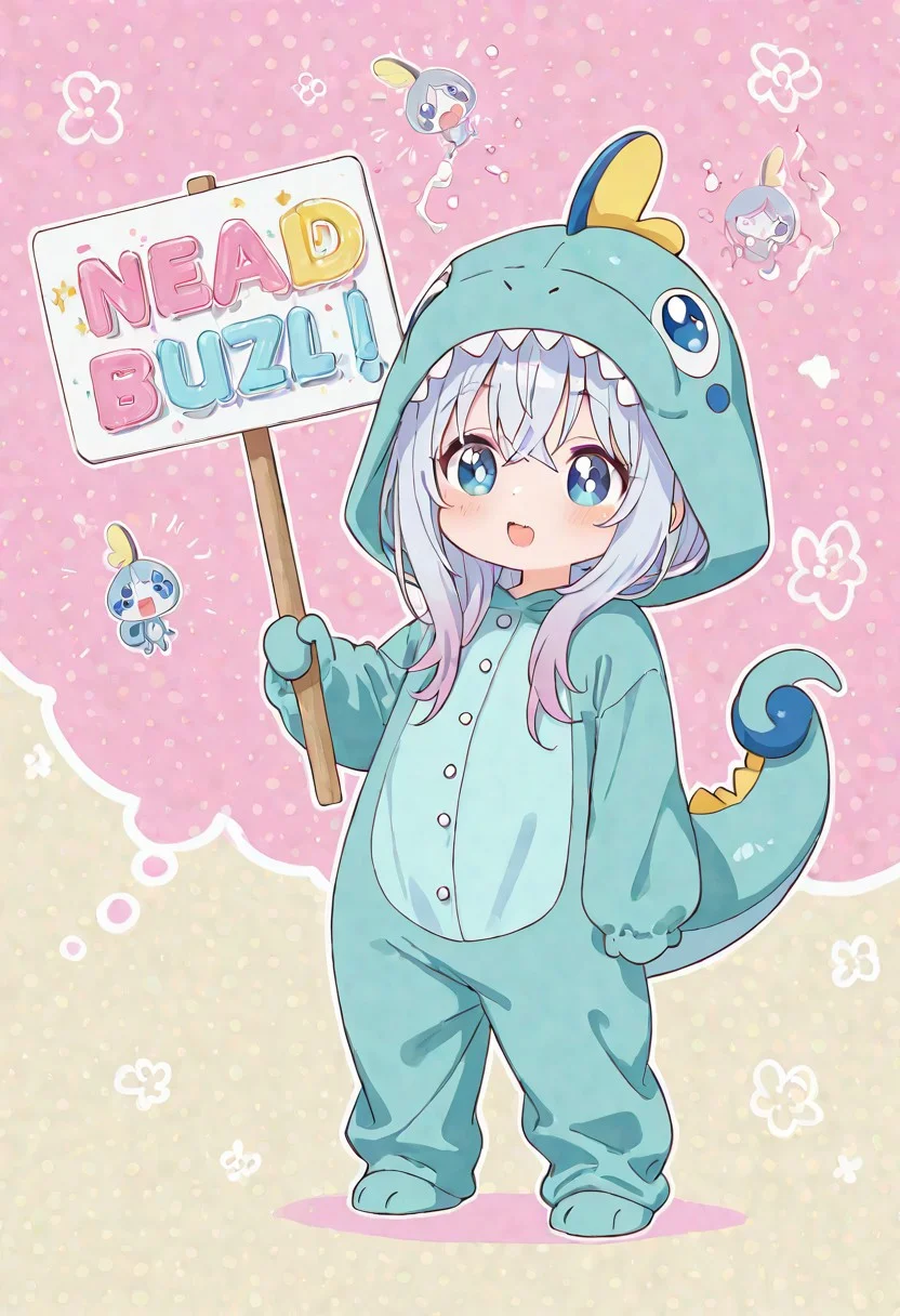 (holding sign with text "need buzz", ) (beautiful girl), dinosaur costume, high quality, detailed, 8k, Intricate details,  long hair on bangs,(:3), UHD, detailed depiction, ephemeral beauty, eye highlights.background is plants dreaming A bright room, beautiful  light and shadow on the walls and floor, gentle brushstrokes, pastel colors, delicate pastel hues, dreamy,Sobble, masterpiece, best quality, very aesthetic, high resolution, beautiful light.(background is kawaii with dreaming world) droopy masterpiece, best quality, very aesthetic,beautiful light, beautiful shadow.