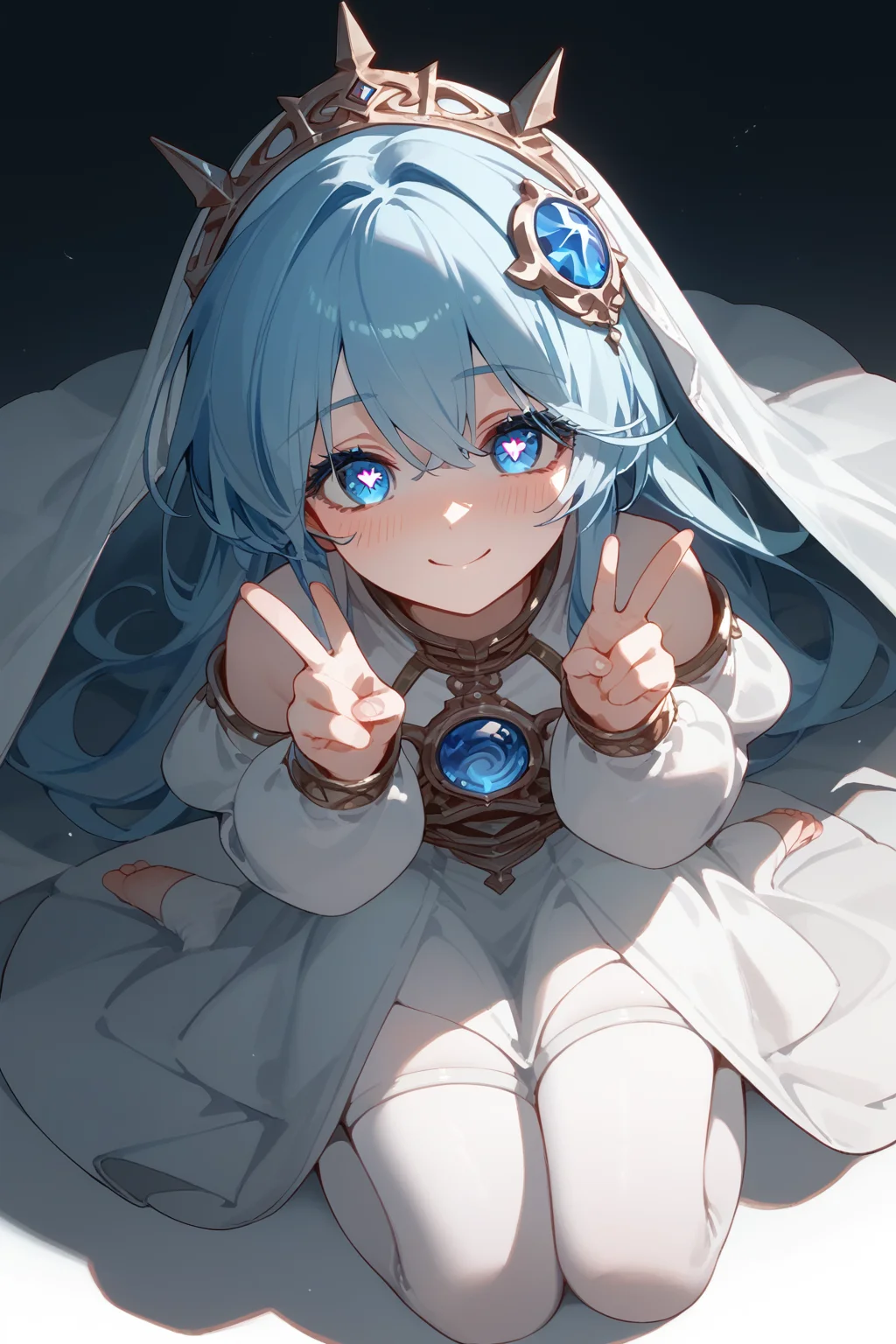(score_9,score_8_up,score_7_up,),<lora:wushen-000018:0.9>,wushen,blue eyes,symbol-shaped pupils,blue hair,long hair,veil,hair ornament,white dress,jewelry,anklet,pantyhose,white dress,toeless legwear,blush,kneeling,face focus,from_above,double v,smile,