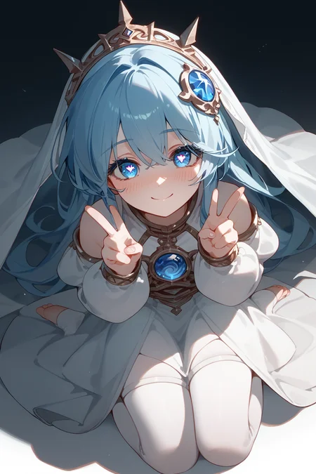 (score_9,score_8_up,score_7_up,),<lora:wushen-000018:0.9>,wushen,blue eyes,symbol-shaped pupils,blue hair,long hair,veil,hair ornament,white dress,jewelry,anklet,pantyhose,white dress,toeless legwear,blush,kneeling,face focus,from_above,double v,smile,