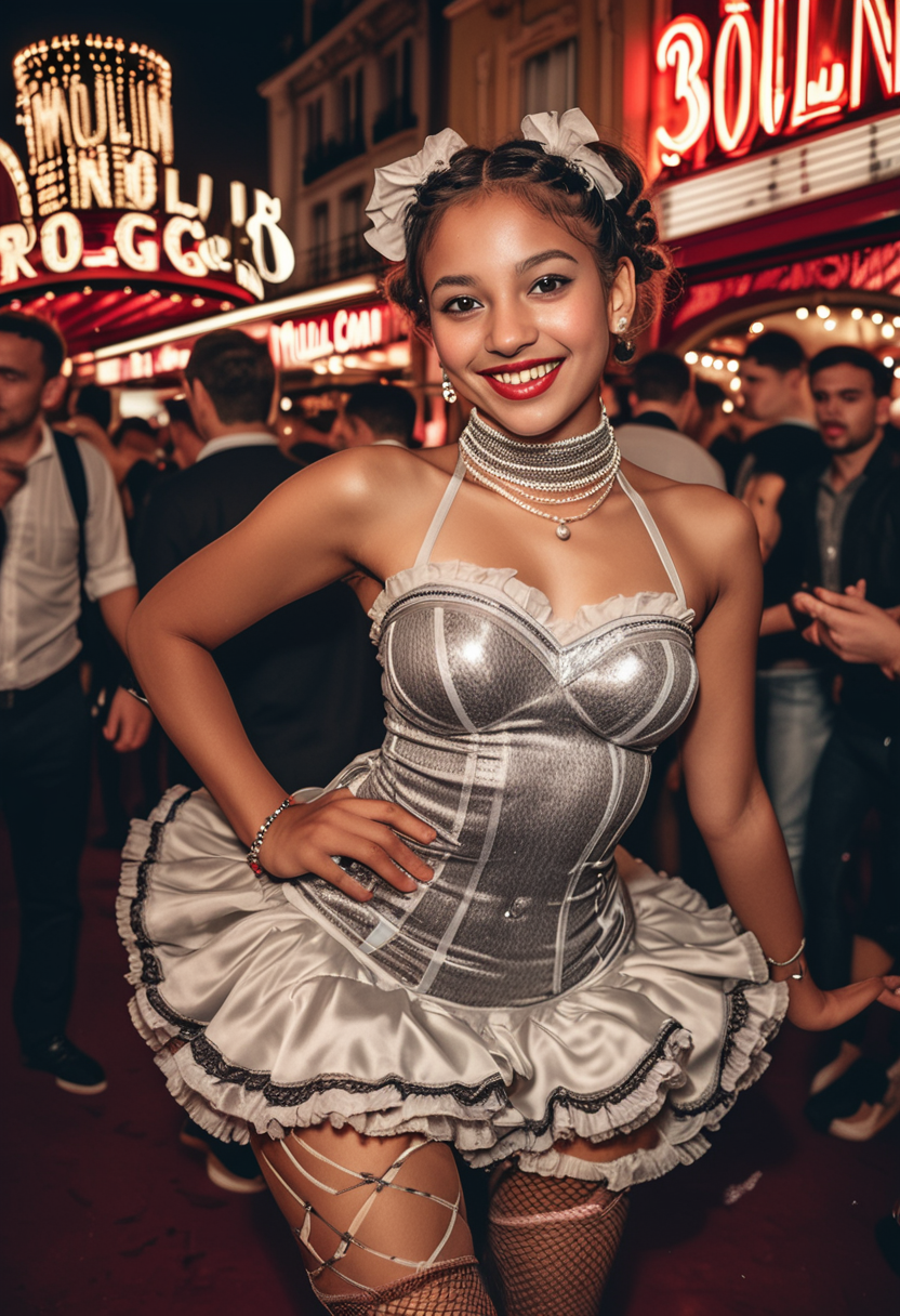 (medium full shot) of (captivating French cancan dancer) young woman, petite build, short dark double braids hair, philippine, tan skin, brown eyes, wearing a silver mini cancan dress with chic patterns, fishnet tights, strappy sandals,  black eyeliner, pearl necklace, silk scarf ruffled choker, set in  a lively scene at the Moulin Rouge, with bright lights, a crowded audience, an energetic atmosphere, woman smiling, detailed face, ,Masterpiece,best quality, raw photo, realistic, very aesthetic