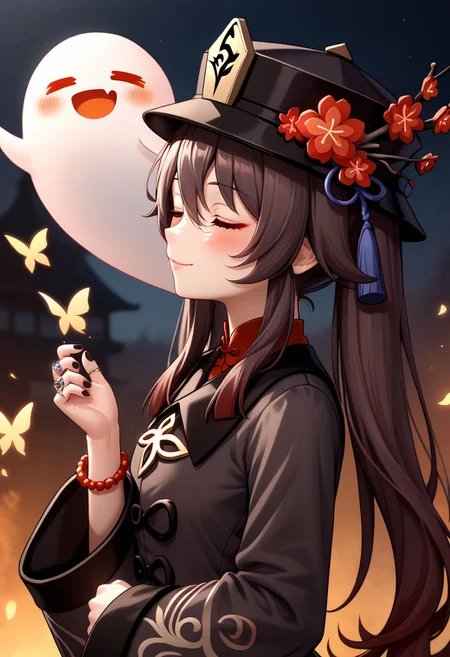 HuTao_DskFll, 1girl, solo, long hair, blush, smile, brown hair, long sleeves, hat, twintails, jewelry, closed mouth, closed eyes, upper body, flower, nail polish, bracelet, from side, coat, black headwear, chinese clothes, ring, bug, red flower, butterfly, tassel, black nails, beads, ghost, hat flower, bead bracelet, plum blossoms, hu tao (genshin impact), boo tao (genshin impact) BREAK PonyXLV6_Scores