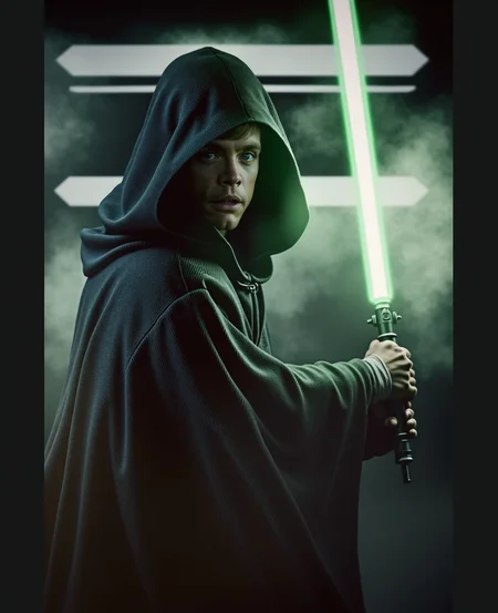 2D Acrylic/oil painting, comic art, ((Realism, Realistic Style)) A detailed artwork of a serious looking hooded jedi, short hair, 30 year old “luke Skywalker” from Return of the jedi era, Dressed in his dark Jedi robes from Return of the Jedi, holding a glowing green lightsaber in his right hand, the saber projects green light onto his face, intense and calm facial expression, hair slightly blowing in the wind, realistic fabric textures and belt attachments, standing in a dimly lit sci-fi alien environment, soft cinematic lighting, green faint fog in the background, photorealistic details, heroic and atmospheric composition, subtle color grading like a Star Wars movie, “Mark Hamil face”, detailed clothing texture, realistic skin texture, shine background, sharp focus, front view, hight contrast, strong backlighting, action film dark color lut, cinematic