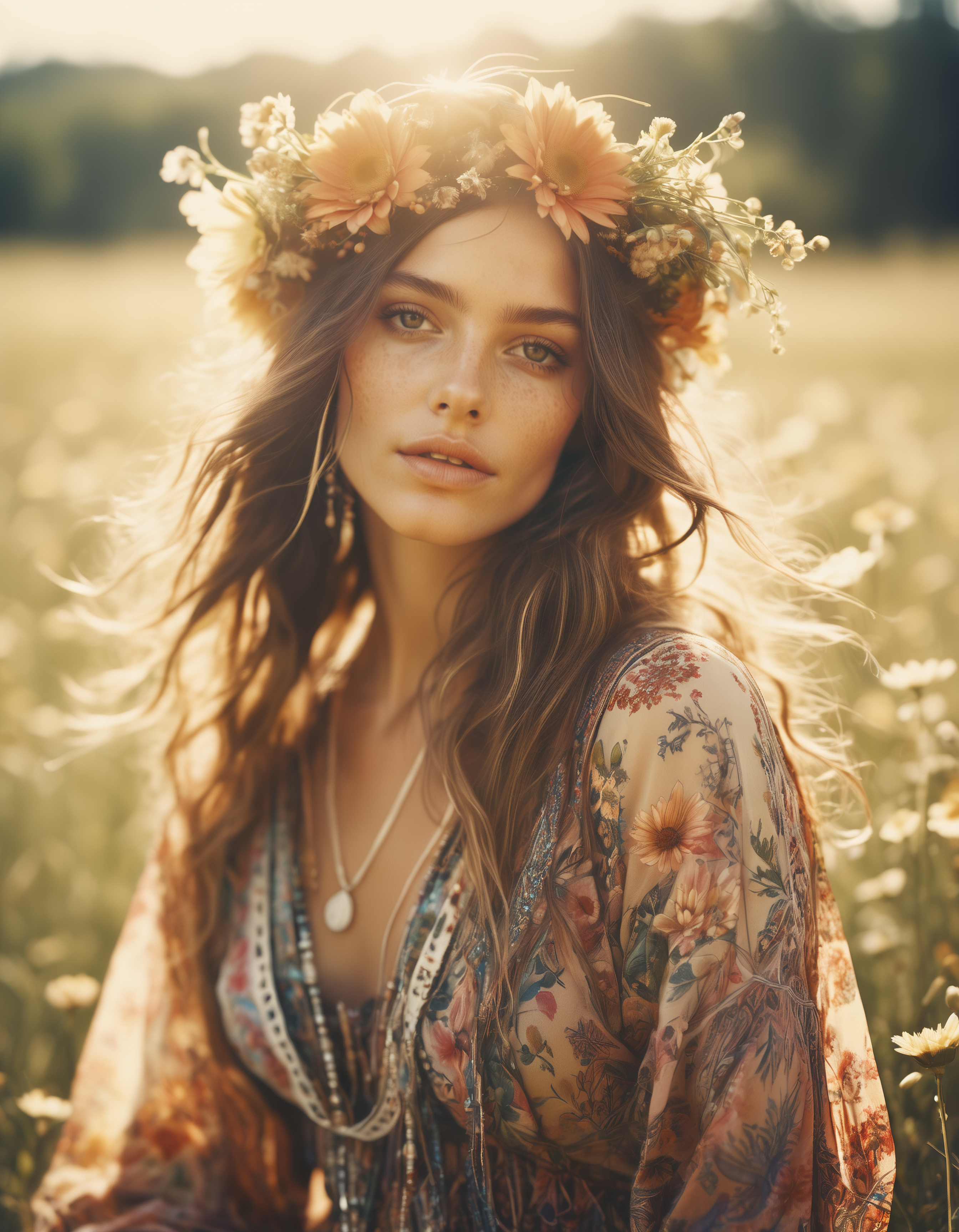 highly detailed and hyper realistic dynamic 35mm photo, photo of  a bohemian beauty adorned in flowing floral patterns and delicate accessories in a sunlit meadow, shot on polaroid film, cinematic still frame, film grain, shallow depth of field, faded colors, motion blur, high contrast, highly detailed and hyper realistic