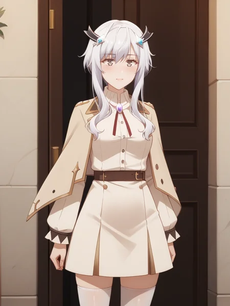 score_9, score_8_up, score_7_up, score_6_up, rating_explicit, source_anime, perfect light, cute and sensitive, soft skin, character focus, detailed skins, <lora:StS_detail_slider_v1:4> , <lora:age_slider_v4:1>, body blush, <lora:Misha_Necron:1> ,(misha:1.3),grey eyes, white hair,short hair with long locks, eyebrows visible through hair,bangs, hair ornament,alternate costume, beige capelet,thighhighs,turtleneck shirt,white legwear,long sleeves dress , white dress, brooch, red neck ribbon, <lora:personal_ami_pony_v3:0.4>