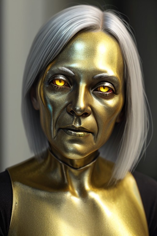 old woman with metal silver hair, yellow-amber metal slime skin, and ruby eyes,