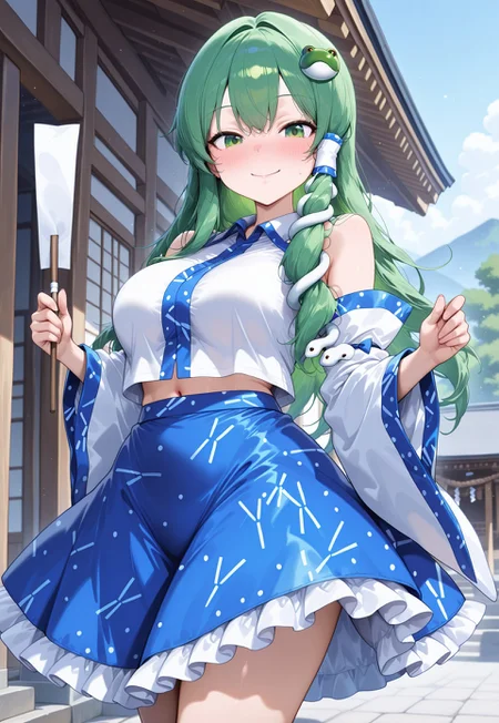 depth of field, ambience sense, crisp detail, crisp edges, harsh lighting, harsh shadows, anime eyes, detailed eyes, green eyes, shrine, outdoors, village 

BREAK  kochiya sanae, gohei, dynamic pose, holding, standing, green hair, long hair, green eyes, looking at viewer, blush, happy, big breasts, medium breasts, close-up, skinny, frog hair ornament, hair tubes, snake hair ornament, collared shirt, white shirt, detached sleeves, wide sleeves, blue skirt, frilled skirt, solo

BREAK masterpiece, best quality, very aesthetic, very awa, amazing quality, absurdres, newest, very aesthetic