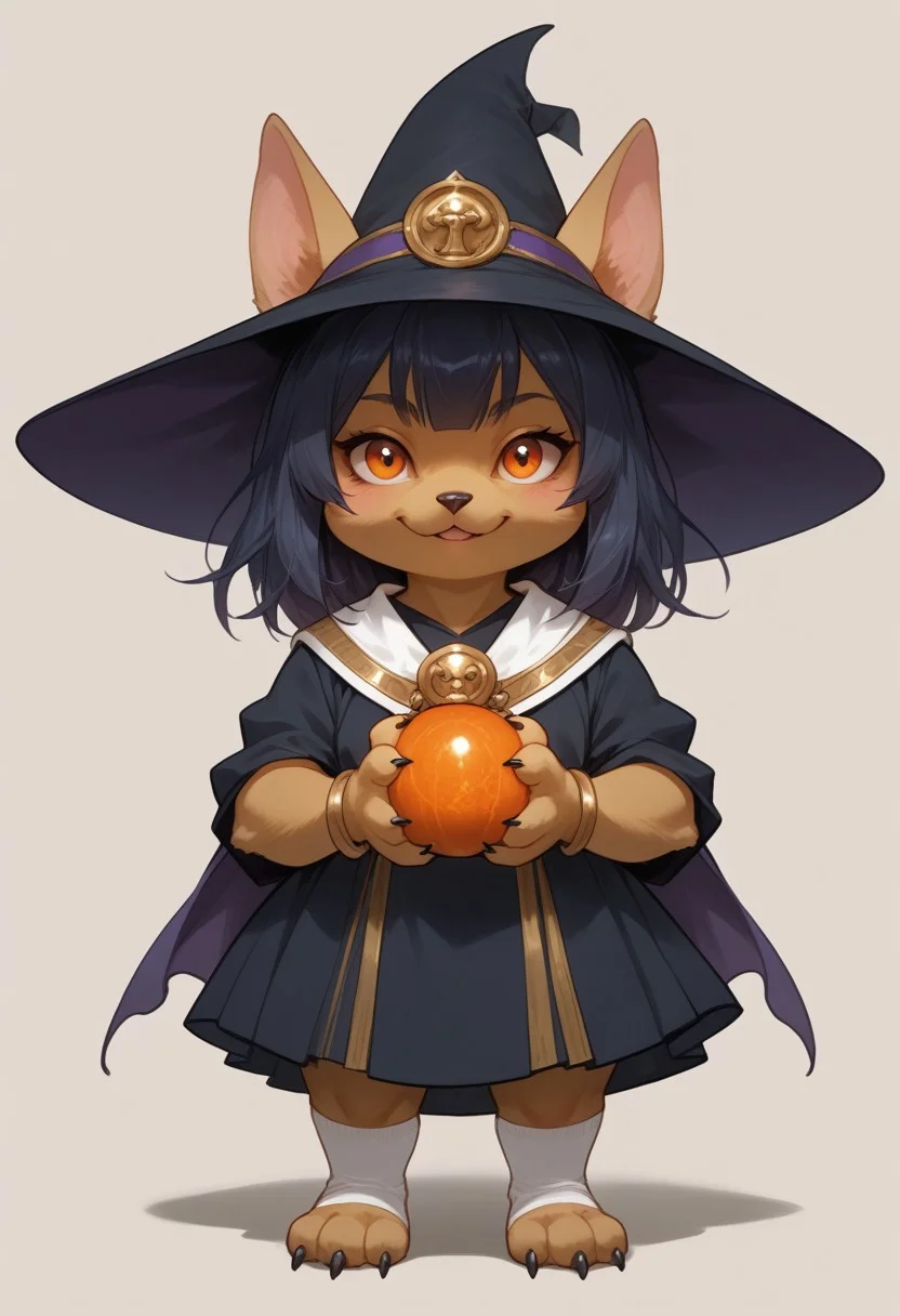 score_9, score_8_up, score_7_up, source_anime, solo, adorable chibi Anubis, anthropomorphic, sultry look, looking at the viewer, alluring eyes, witch dress, striped thigh high socks, witch hat, partial body, close face view, (long Animal legs, paw feet, paw hands, long arms, large breasts, soft breast, heavy breasts, breast cleavage, large hips:1.4), (indirect lighting, dynamic lighting:1.4), Arabian Palace, (detailed image, high resolution, 5k resolution:1.0), (Looney toons art style, las lindas Art Style:1.2)