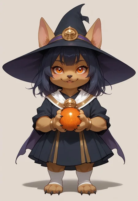 score_9, score_8_up, score_7_up, source_anime, solo, adorable chibi Anubis, anthropomorphic, sultry look, looking at the viewer, alluring eyes, witch dress, striped thigh high socks, witch hat, partial body, close face view, (long Animal legs, paw feet, paw hands, long arms, large breasts, soft breast, heavy breasts, breast cleavage, large hips:1.4), (indirect lighting, dynamic lighting:1.4), Arabian Palace, (detailed image, high resolution, 5k resolution:1.0), (Looney toons art style, las lindas Art Style:1.2)