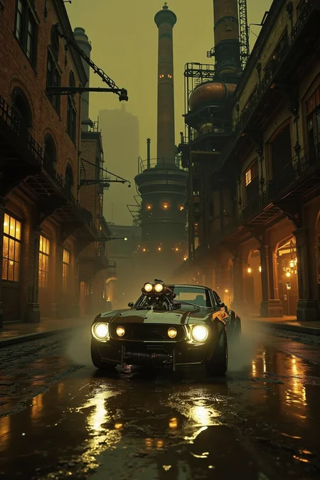 Vintage, A cinematic, photorealistic dieselpunk action scene of a retro-futuristic ford mustang speeding through a dark, industrial street at night. The mustang is low and aggressive, inspired by 1960s muscle design but modified with exposed piping, glowing engine components, thick riveted armor plating, and oversized exhausts belching black smoke. Its headlights blaze through dense smog as it barrels down slick cobblestone streets, reflecting city grime and scattered oil puddles. Surrounding it are towering, soot-stained industrial buildings with crumbling brick, massive steel beams, and glowing orange furnaces visible through grated windows. Smoke and steam pour from rusted vents and chimneys, with pipes and overhead crane tracks looming above the street. Motion blur captures the sense of high speed, while sparks from nearby welding and brief glints of firelight add dynamic contrast. The lighting is dramatic and moody overhead lamps flicker, casting deep shadows and diffused light through thick smog. The sky is yellow-gray from pollution, and the scene is tinted with grim, mechanical intensity. The camera angle trails slightly behind and low to the ground, emphasizing speed and scale.