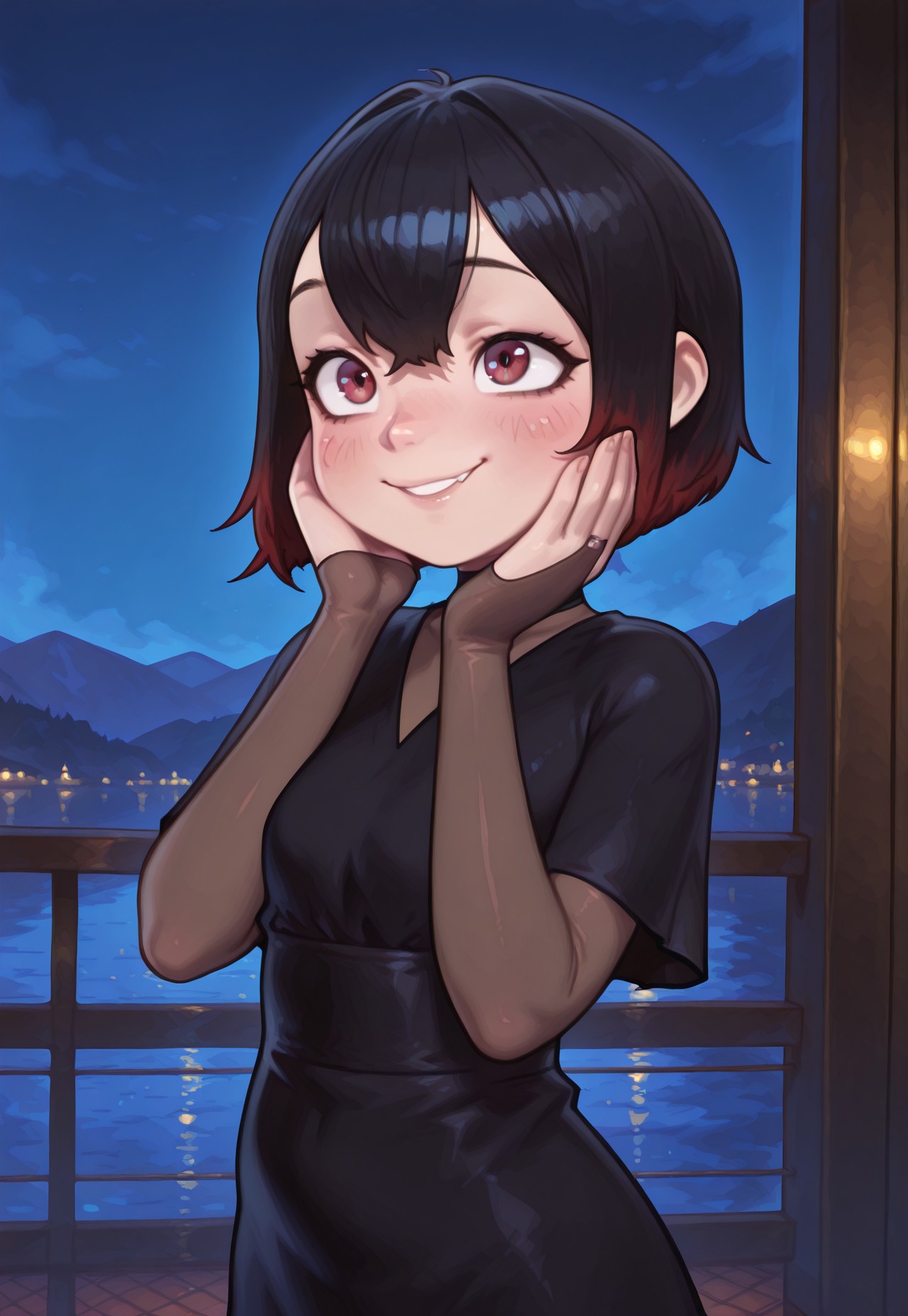 4k, fine detail, high quality eyes, masterpiece, best quality, amazing quality, geh1, 4s0r4, eigaka, possmach, artist:moriimee, 1 girl, solo girl, young, marillv, short hair, black hair, bags, pantyhose, black dress, upper body, cinematic shot, cute smile, blush, one hand on cheeks, outdoors, hotel, night