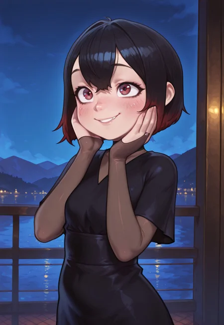 4k, fine detail, high quality eyes, masterpiece, best quality, amazing quality, geh1, 4s0r4, eigaka, possmach, artist:moriimee, 1 girl, solo girl, young, marillv, short hair, black hair, bags, pantyhose, black dress, upper body, cinematic shot, cute smile, blush, one hand on cheeks, outdoors, hotel, night