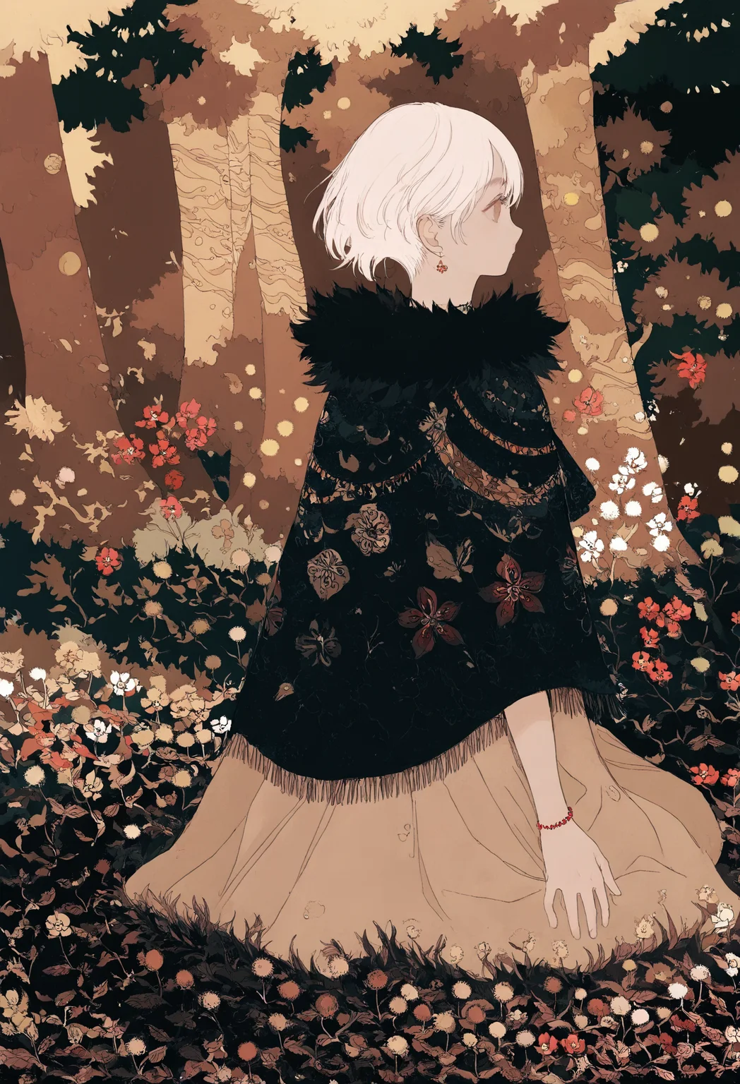 solo, white hair, flower, jewelry, short hair, profile, bracelet, tree, 1boy, 1girl, fur trim, red flower, leaf
, ,,,, masterpiece,best quality,very aesthetic,absurdres
<lora:monfornoob:0.95>