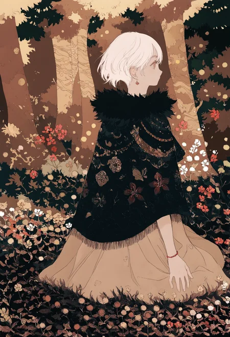 solo, white hair, flower, jewelry, short hair, profile, bracelet, tree, 1boy, 1girl, fur trim, red flower, leaf
, ,,,, masterpiece,best quality,very aesthetic,absurdres
<lora:monfornoob:0.95>