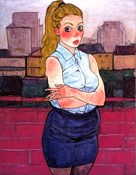traditional media, painting (medium), Gaouch \(medium\), blue eyes, looking at viewer,freckles, lips,office, button up shirt, sleeveless, crossed arms,  pencil skirt, pantyhose, outdoors, buildings, holding a cigarette, flourecent lighting, blonde hair,    ponytail,   long hair,   blush,    solo,