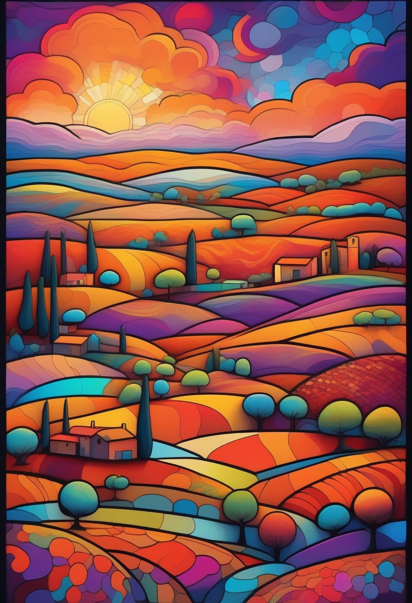 Rolling hills of Tuscany in a vibrant psychedelic style, with bold, surreal colors separated by sharp black lines, creating a stained-glass effect. A small village in the distance with terracotta rooftops and stone walls, stylized with vivid hues of purple, blue, and orange. Cypress trees and wildflowers rendered in exaggerated, kaleidoscopic patterns. Golden sunlight breaking through in fragmented beams, casting a dreamlike glow over the landscape. Highly detailed, surreal composition, inspired by psychedelic art and Italian countryside aesthetics, 8K resolution, vivid and trippy yet harmonious color palette, a mesmerizing and otherworldly mood.
