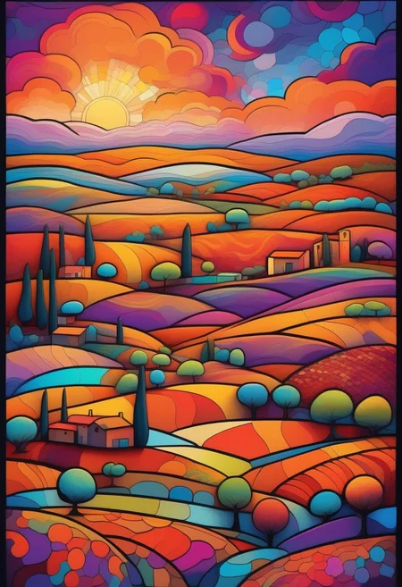 Rolling hills of Tuscany in a vibrant psychedelic style, with bold, surreal colors separated by sharp black lines, creating a stained-glass effect. A small village in the distance with terracotta rooftops and stone walls, stylized with vivid hues of purple, blue, and orange. Cypress trees and wildflowers rendered in exaggerated, kaleidoscopic patterns. Golden sunlight breaking through in fragmented beams, casting a dreamlike glow over the landscape. Highly detailed, surreal composition, inspired by psychedelic art and Italian countryside aesthetics, 8K resolution, vivid and trippy yet harmonious color palette, a mesmerizing and otherworldly mood.