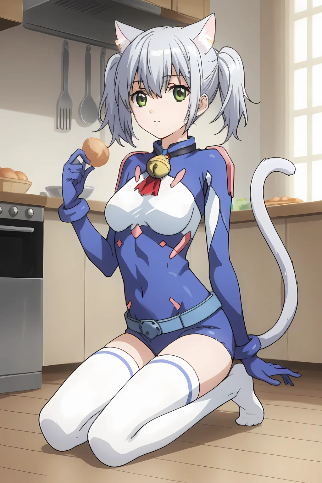 (blue bodysuit belt gloves white thighhighs:1.50), cpc-chaika, short hair, short twintails, bangs, sidelocks, grey hair, hair between eyes, green eyes, cat ears, cat tail, neck bell,
1girl, solo, skinny, (source_anime, score_9, score_8_up, score_8, score_7_up), score_7, score_6_up, score_6, score_5_up, score_5,
(horny:1.10),
(kitchen:1.10),
(full body:1.60), (feet:1.20),
medium breasts
<lora:cpc-chaika-V01-000003:0.80>