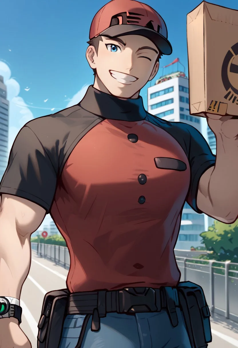 txt2img
score_9, score_8_up, score_7_up, source_anime, highly detailed, big pecs, male focus, 1boy, sideburns, standing, muscular, city background, Expressiveh, city background, holding a cardboard box, smile, wink, muscular arms
POKEMON_courier, baseball cap, blue eyes
Red shirt with black accents, denim pants, wristwatch, utility belt
pokemon