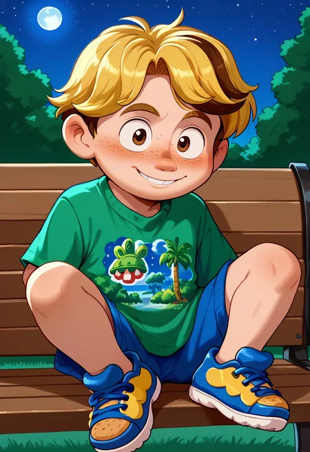 score_9, score_8_up, score_7_up, highly detailed, CuteCartoonStyle, cute boy, 1boy, solo, Aaron Mitchell, fair skin, shaggy, blonde hair, brown eyes, freckles. green t-shirt, dinosaurs shirt, blue and yellow strap sneakers, at night, full moon, sitted, bench, embarassed smile, half closed eyes, floating hearts, blushing, park,
DSCStyle, round eyes, exaggerated proportions, cartoonish features, anime-inspired, cute aesthetics, cartoonish proportions, highlights,smooth lines, glossy highlights, minimal detail, clean outlines, consistent line weight, gentle highlights