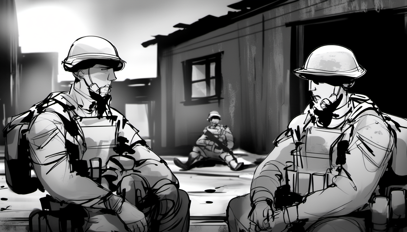 storyboard sketch of Two soldiers sharing a moment of respite in a war-torn town.  <lora:storyboard sketch:0.8>