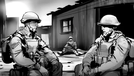 storyboard sketch of Two soldiers sharing a moment of respite in a war-torn town. <lora:storyboard sketch:0.8>