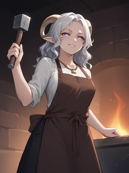 1girl, solo, leather pants, belt, source_furry, score_7_up, rating_safe, source_anime, anime face, <lora:whisker_markings:0.8>red whisker_markings, silver long wavy hair, bell necklace, short pointy ears, purple eyes, <lora:age_slider_v4:0.6>
<lora:Test_Diana:0.8> tiefling_bard_diana, sweat,
<lora:Smooth Style 2 SDXL_LoRA_Pony Diffusion V6 XL:0.3> smile, open eyes, <lora:INKxXmo shaded face:0.6> Shaded FaceINKxXmo Dark Theme,
blacksmith ,from below,smithy,
shirt, apron,
furnace:1.4,
holding blacksmith_hammer, blacksmith_hammer, hammer,<lora:blacksmith_hammer:0.8>