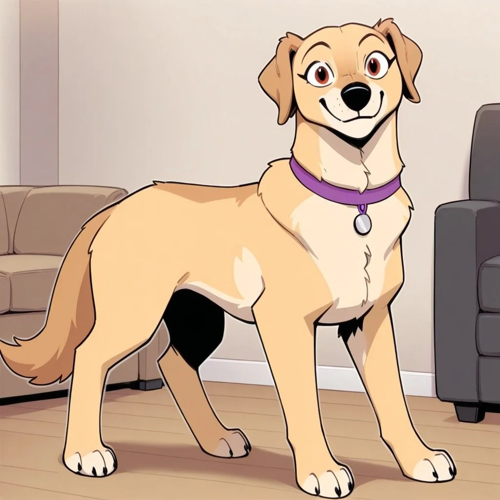 Lola(P.B.), Solo, 1girl, feral, dog, Labrador retriever, yellow fur, brown eyes, black nose, dog tail, dog ears, purple collar, looking at viewer, full body, smiling, standing, living room background