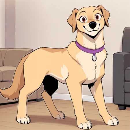Lola(P.B.), Solo, 1girl, feral, dog, Labrador retriever, yellow fur, brown eyes, black nose, dog tail, dog ears, purple collar, looking at viewer, full body, smiling, standing, living room background