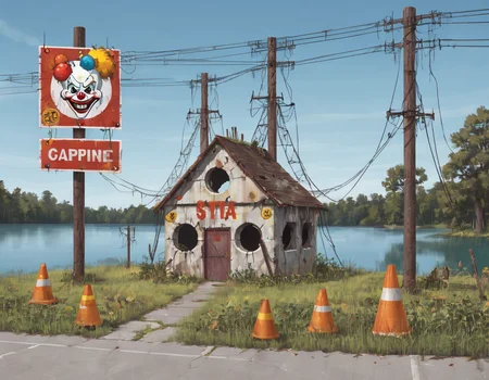 <lora:ssta:0.4>ssta, ruins, biohazard clown skull sign, cones, power lines, lake, trees, grass,
