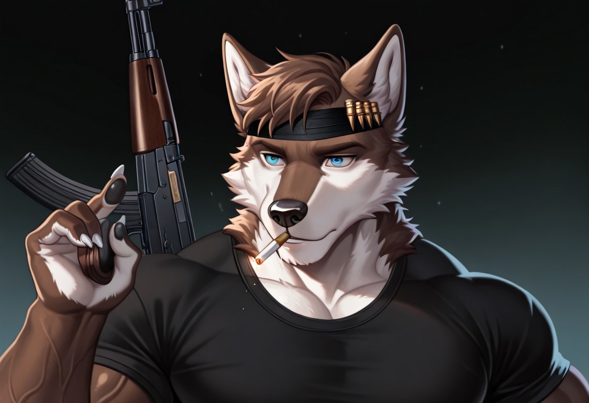 anthro, furry, 1boy, solo, wolf, brown body, white fur, cyan eyes, body veiny, bodybuilder, muscular male, cyan jense, black t-shirt, bullet("AK-47"), black bandage on head, white claws, cigarettes in mouth