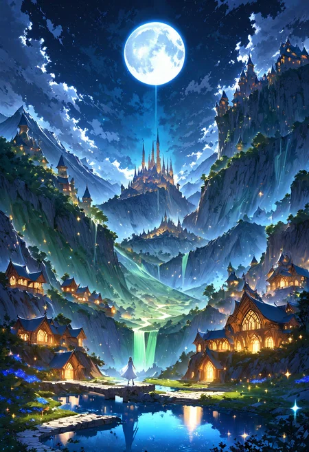 Under a full moon, a beautiful woman with a shimmering silver cloak walks along a stone path leading to an elegant elven castle. The castle, perched on a mountainside, overlooks a valley filled with luminous treehouses. Elves with intricate designs on their skin gather around a sparkling lake nearby.,
OverallDetailXL <lora:MJ52:0.3> <lora:EpicF4nta5yXL:0.7>