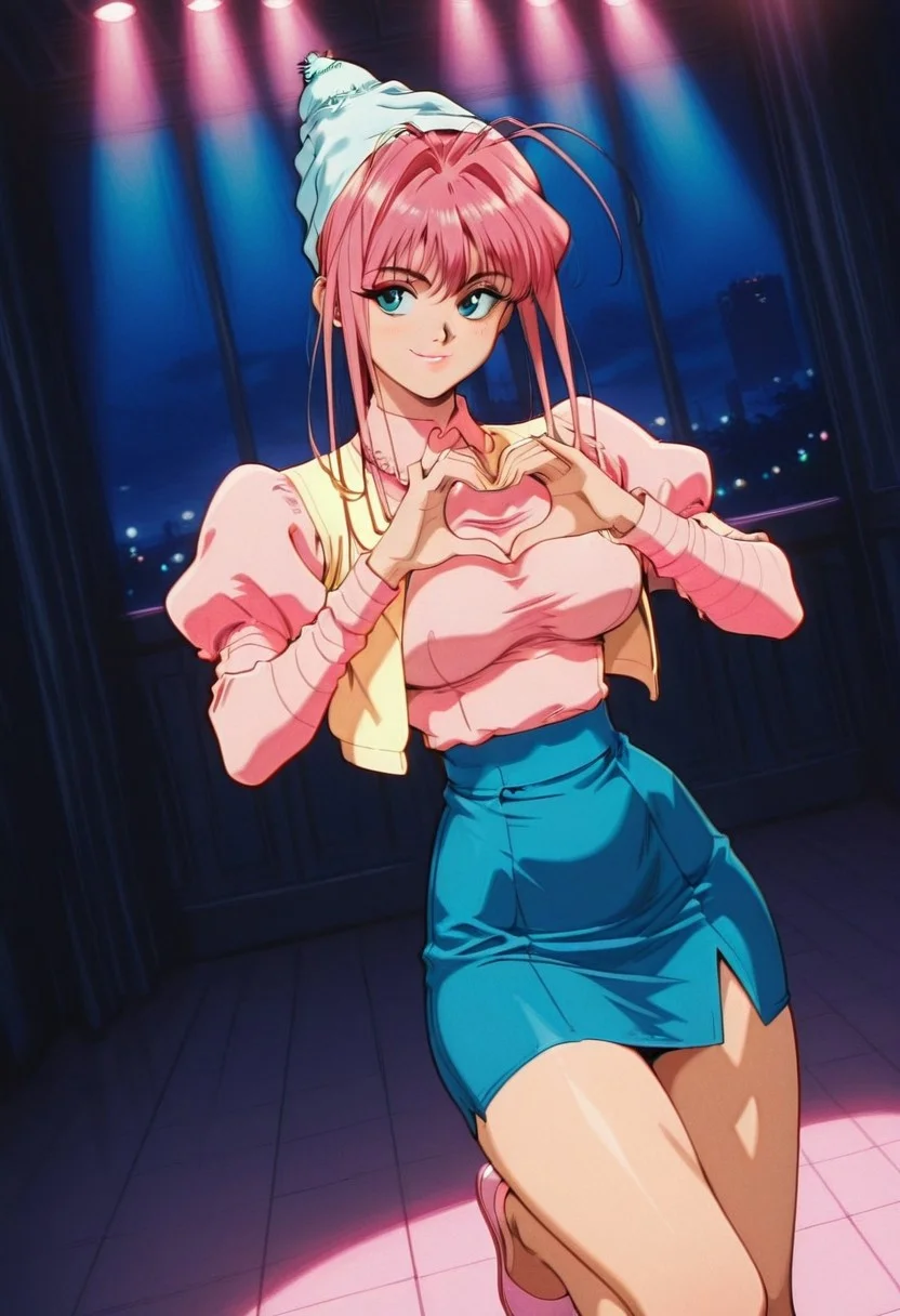 NeonNostradeHxH, 1girl, solo, pink hair, hair ornament, bangs, white head scarf, long hair, antenna hair, large blue eyes, lips, pink shirt, long puffy sleeves, yellow vest, large breast, long blue skirt, slippers,
,seductive pose, sexy pose, tease,
masterpiece, best quality, fine details, intricate details, depth of field, subsurface scattering, bokeh,
ultra-detailed, very aesthetic, detailed background, newest, scenery, highres, absurdres, colorful, vibrant, glowing, perfect face, 2d, perfect eyes, vibrant saturated colors, volumetric lighting, sharp, detailed eyes, perfect anatomy, perfect face, perfect eyes, mature body, clear eyes, beautiful eyes, athletic, curvy body, athletic girl, perky tits, perfect tits, round breasts, pinup pose, teasing, lustful expression, perfect hands,
muscular female, dutch angle,
heart hands, naughty smile,
,Smooth Negative, Smooth_Quality,
90s_anime_aesthetic, 1990s (style), retro, retro artstyle