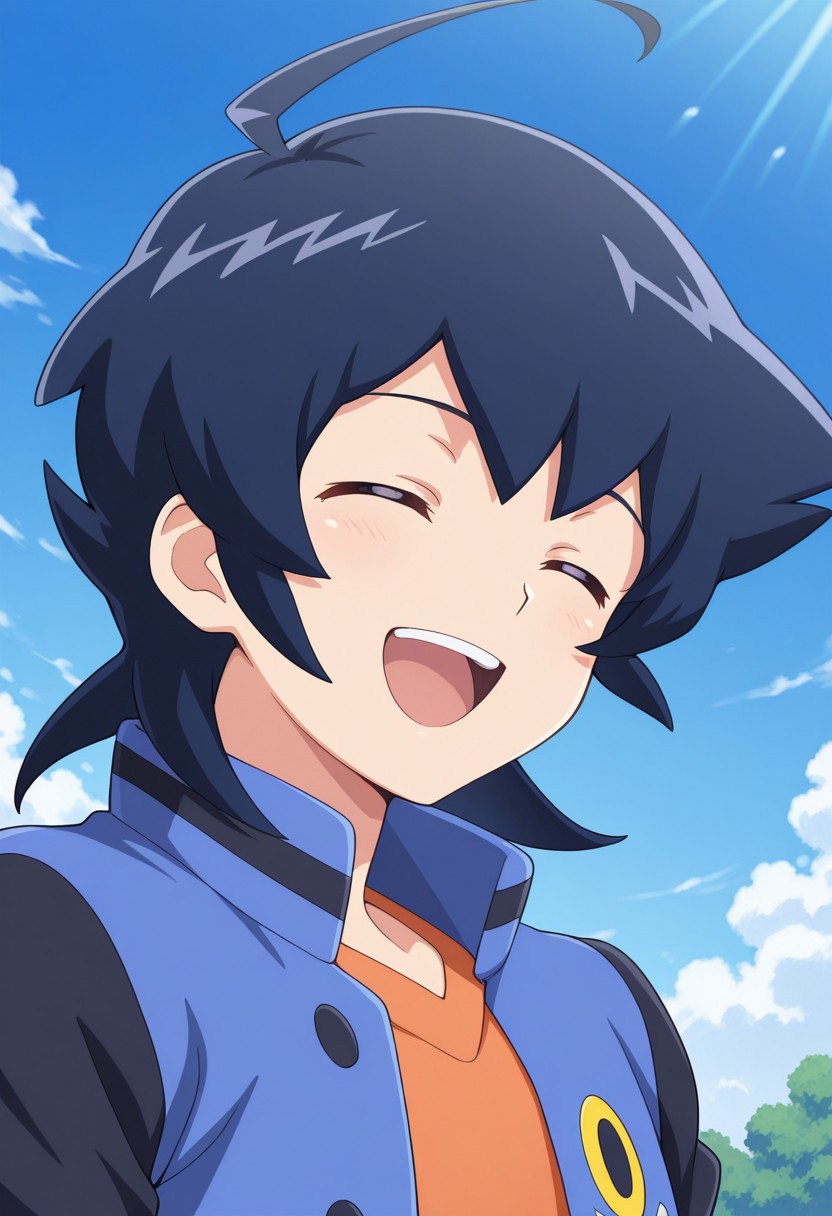 masterpiece,best quality,amazing quality, source_anime,
hirozora, 1boy, male focus, solo, closed eyes, blue hair, medium hair, ahoge, shirt, orange shirt, jacket, blue jacket, black sleeves, open jacket, smile, open mouth, happy, portrait,
day, sky, clouds,
