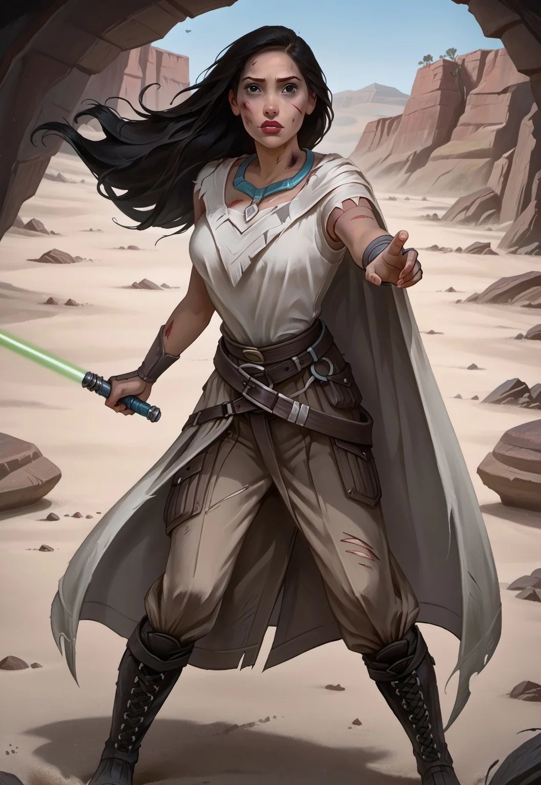 safe_pos, ((zPDXL3)), OZRN, digital art, score_9,score_8_up,score_7_up,score_6_up, face focus, waist-up portrait, absurdres, masterpiece, high res, detailed,
1girl, solo, (((DisneyPocahontas, 1girl, black hair, black eyes, long hair, dark skin))), necklace, feathers, lips, dark skin, Native American, (d4rkr3v4n4rm0r, white robe, cape, hood down, breastplate, gauntlets, belt, pants, belt boots), (holding lightsaber, green lightsaber), calm expression, makeup, beautiful woman, action pose,
BattleDamage, cuts, bruises,
in danger, distressed, alarmed, (combat stance),
dramatic, danger, dutch angle, dof, sand desert background, perfect, Hand, detailed, perfection, hands,
<lora:bastilashan:1> <lora:Battle_Damage:0.3> <lora:hand 4:0.5>