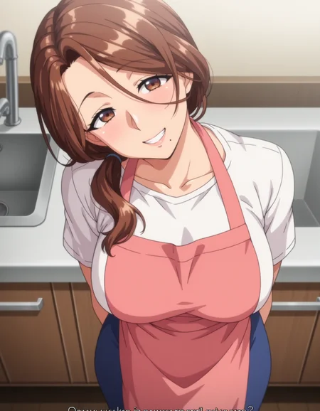 masterpiece,good quality,best quality,shadow,very awa,mature female,<lora:anime_screencap-Illustrious:1>,anime anime screencap,<lora:Yumiko_Kimura_Noob_Lora:1>,Yumiko Kimura,long hair,brown eyes,mole under mouth,brown hair,low ponytail,hair over shoulder,pink apron,white shirt,blue skirt,arms behind back,smile,teeth,from above,head tilt,kitchen,sink,cutting board,counter,(Beautiful, large Breasts:1.2),mature female,